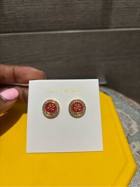 NWOT Tory Burch Red Logo Crystal-Edge Stud Earrings